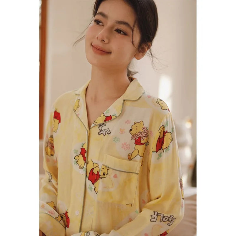 2024 New Bamboo Fiber Double Gauze Pajamas Spring Cute Print Lapel Pocket Long Sleeve Home Clothes Soft and Comfortable Pyjamas