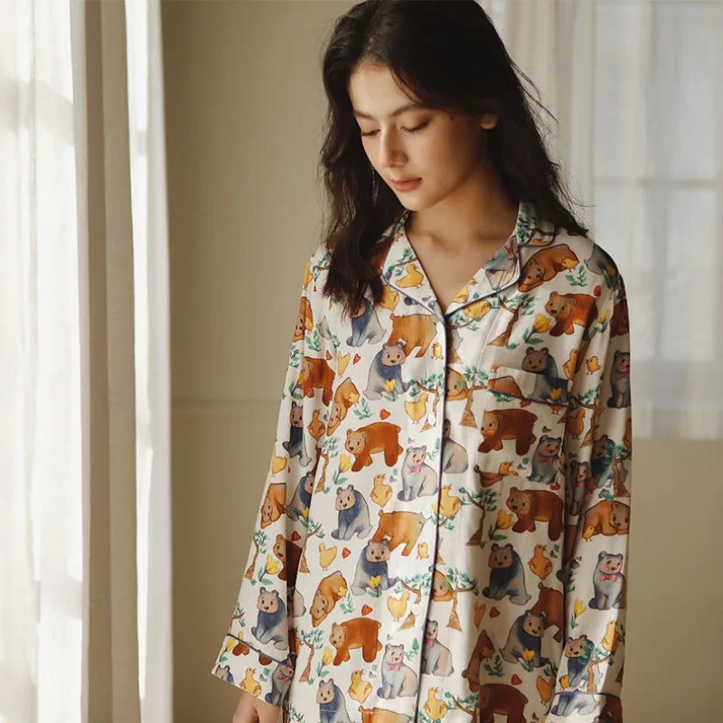 2024 New Bamboo Fiber Double Gauze Pajamas Spring Cute Print Lapel Pocket Long Sleeve Home Clothes Soft and Comfortable Pyjamas