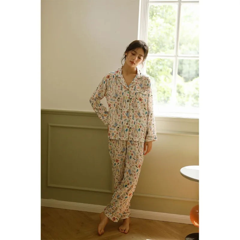 2023 Autumn Bamboo Cotton Double Gauze Magic Rabbit Print Pajamas Women'S Home Wear Long-Sleeved Trousers Set Comfort Sleepwear