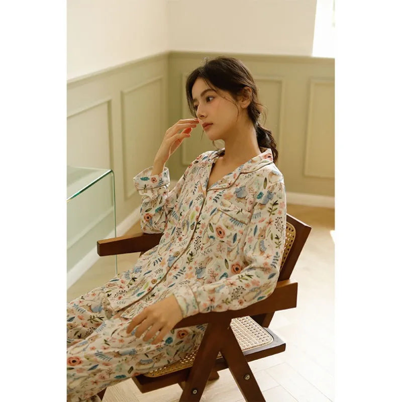 2023 Autumn Bamboo Cotton Double Gauze Magic Rabbit Print Pajamas Women'S Home Wear Long-Sleeved Trousers Set Comfort Sleepwear