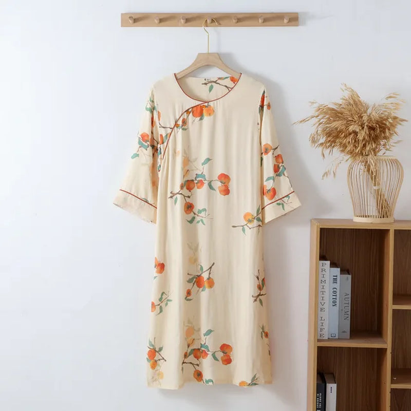 Spring/Summer Thin Bamboo Cotton Chinese Style Women'S Pajamas Loose 7/4 Sleeves Home Clothing round Neck Good Luck Loungewear