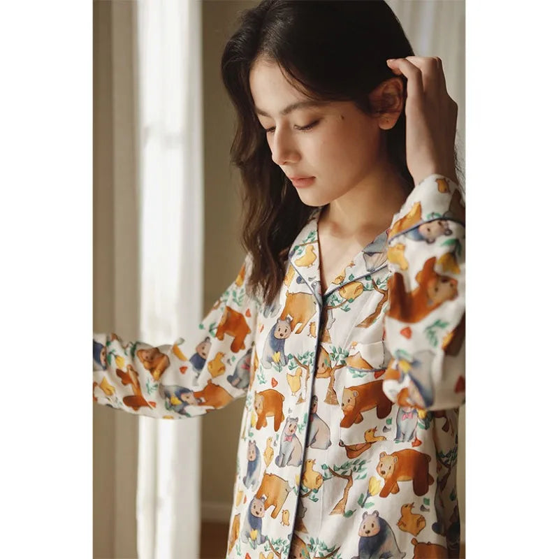 2024 New Bamboo Fiber Double Gauze Pajamas Spring Cute Print Lapel Pocket Long Sleeve Home Clothes Soft and Comfortable Pyjamas