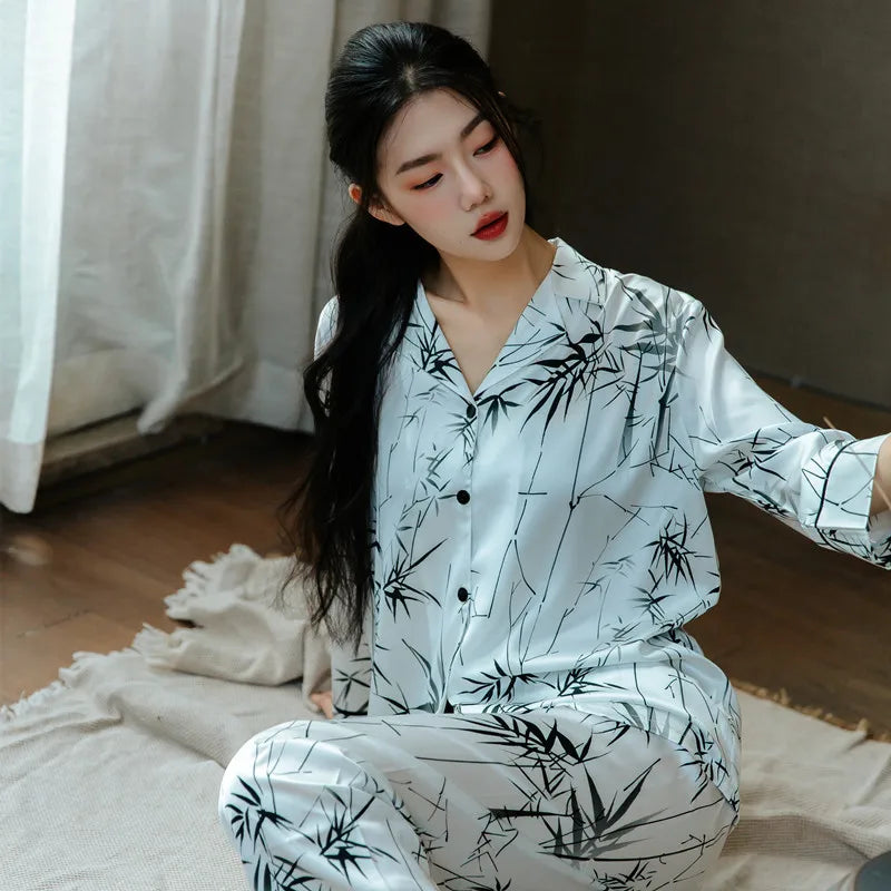 Satin Chinese Style Bamboo Leaf Printed Pajamas Thin Long Sleeved Cardigan Loungewear Pyjamas Female Intimate Lingerie Sleepwear