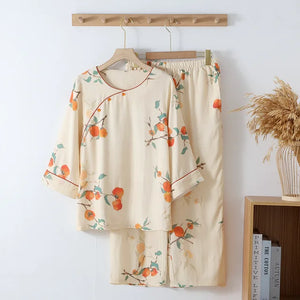 Spring/Summer Thin Bamboo Cotton Chinese Style Women'S Pajamas Loose 7/4 Sleeves Home Clothing round Neck Good Luck Loungewear