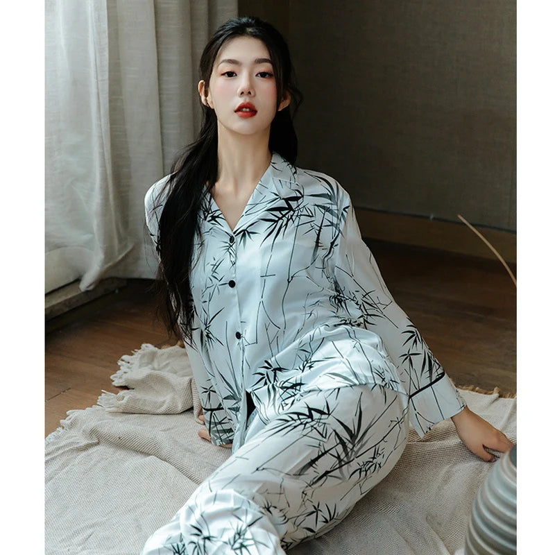 Satin Chinese Style Bamboo Leaf Printed Pajamas Thin Long Sleeved Cardigan Loungewear Pyjamas Female Intimate Lingerie Sleepwear