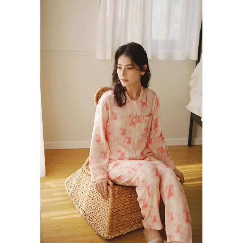 2024 Spring Bamboo Cotton Women'S Pajama Set Polo Collar Long Sleeved Home Clothing Halo Dyed Print Soft and Comfortable Pijama