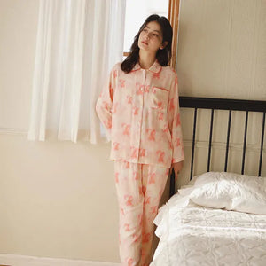 2024 Spring Bamboo Cotton Women'S Pajama Set Polo Collar Long Sleeved Home Clothing Halo Dyed Print Soft and Comfortable Pijama