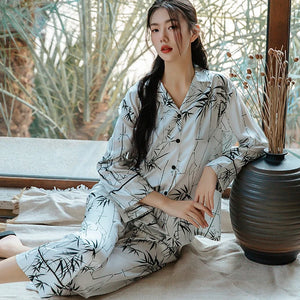 Satin Chinese Style Bamboo Leaf Printed Pajamas Thin Long Sleeved Cardigan Loungewear Pyjamas Female Intimate Lingerie Sleepwear